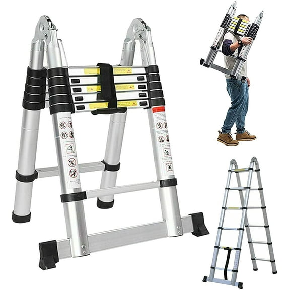 Bowoshen Telescoping Ladder a-Frame Straight 2-in-1 Extension Ladder 12.5ft Heavy Duty Portable Home RV with Safety Stabilizer Lock Hinge Non Slip Feet,330lbs Max Load,EN131