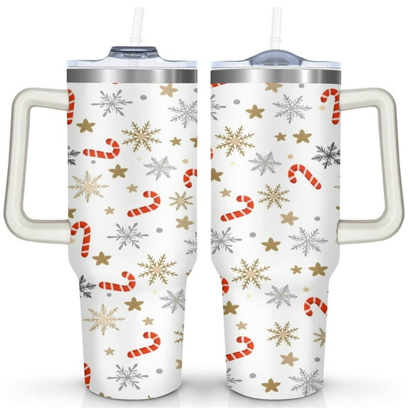Bows Cane Candies Snowflakes 40 Oz Tumbler with Handle Lid and Straw Stainless Steel Double Walled Vacuum Insulated Cup Merry Christmas Gifts Tumbler for Women Men Friends Outdoor Indoor