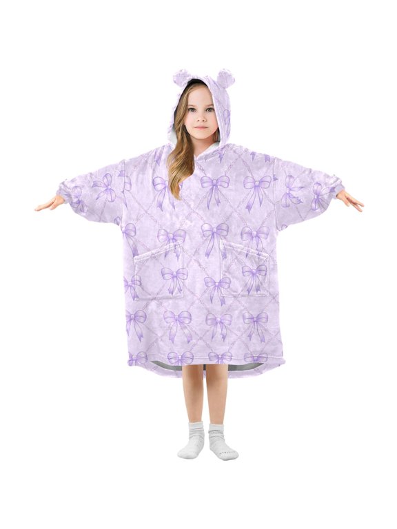 Bows Checkered Purple Pattern Kids Wearable Blanket Hoodie Toddler Oversized Sherpa Sweatshirt 3-14 YR S