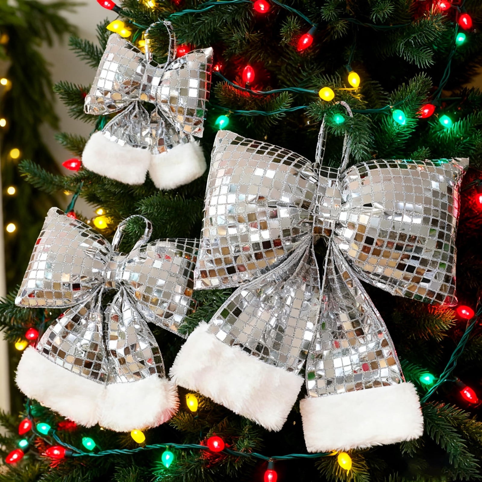 Bows For Christmas Tree,Christmas Bows Decorations,1pc Sequin Soft Christmas Bow Christmas Tree Ornaments Mirrored Sequin for Xmas Hanging Decor Indoor Outdoor Holiday Decor (Sliver,L)