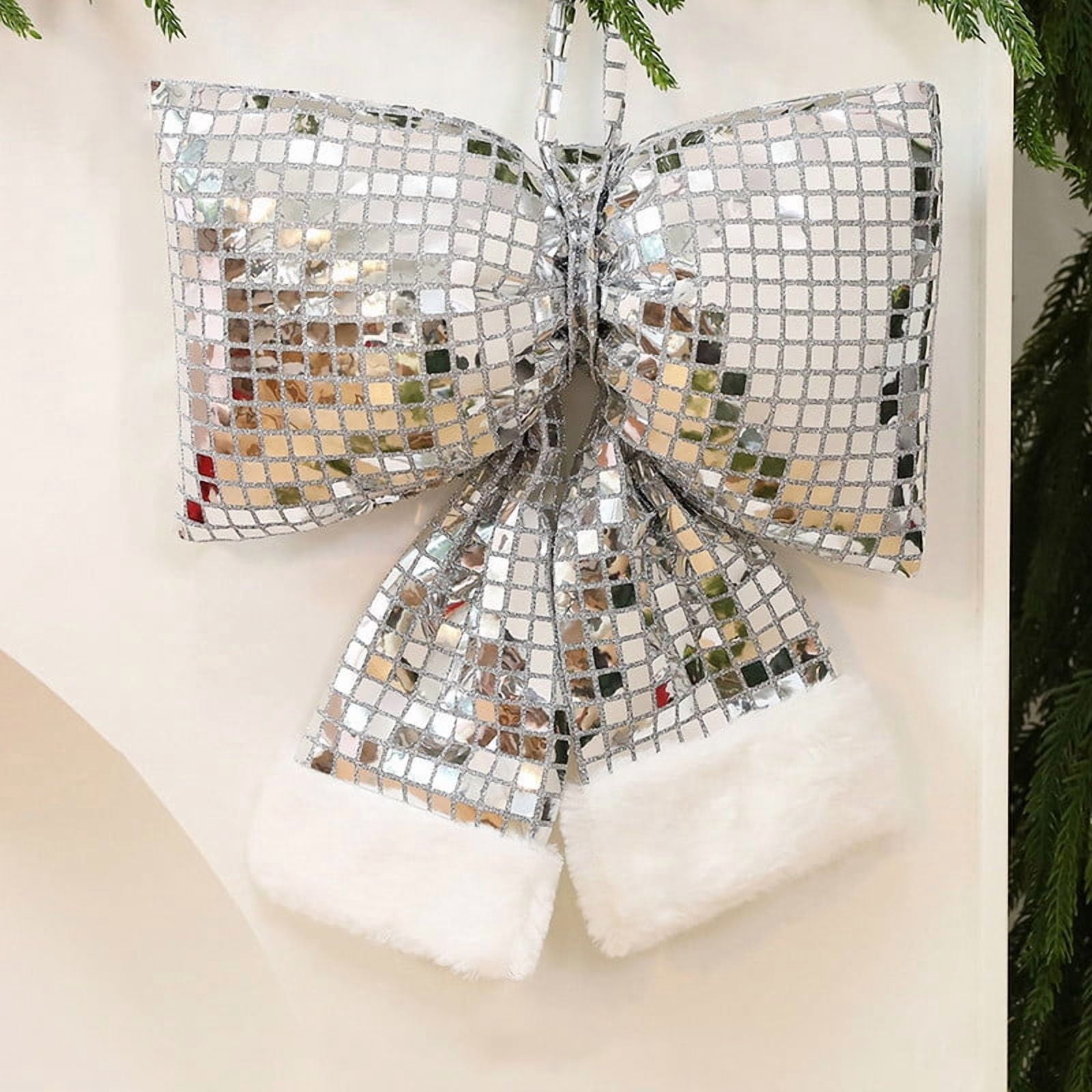Bows For Christmas Tree,Christmas Bows Decorations,4pc Sequin Soft Christmas Bow Christmas Tree Ornaments Mirrored Sequin for Xmas Hanging Decor Indoor Outdoor Holiday Decor (Sliver,L)