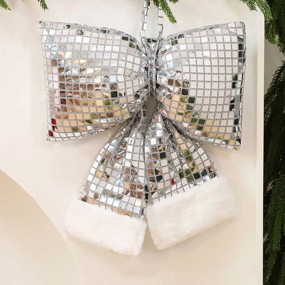 Bows For Christmas Tree,Christmas Bows Decorations,4pc Sequin Soft Christmas Bow Christmas Tree Ornaments Mirrored Sequin for Xmas Hanging Decor Indoor Outdoor Holiday Decor (Sliver,L)