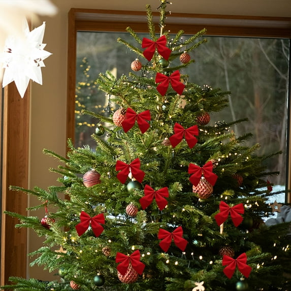 Bows For Christmas Tree,Red Glitter Wired Ribbon Bows Tie Premade Flocking Christmas Bows for Gift Wrapping, Wreath, Garland, Holiday Crafts Party Home Outdoor Christmas Tree Decorations, 12 PCs