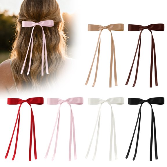 Bows Clips Ribbon Beige Bows With Long Tail Barrettes Accessories for Women Adult, 6PCS, Handmade Ribbon Bows, Cute Stylish Hair Clips, Valentine’s Day Birthday Wedding Mother’s Day Christmas Gift