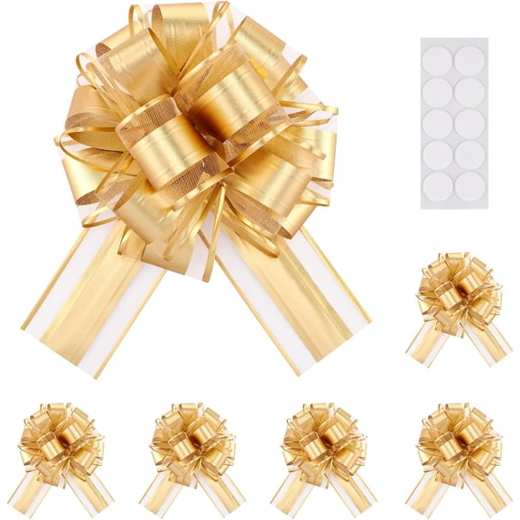 Bows for Gift Wrapping, 6pcs 6" Gold Organza Present Decorations Big Gift Pull Bow, Baskets Flower Gift Boxes Package Bows for Wedding Christmas Birthday Party Valentine's Day Decoration