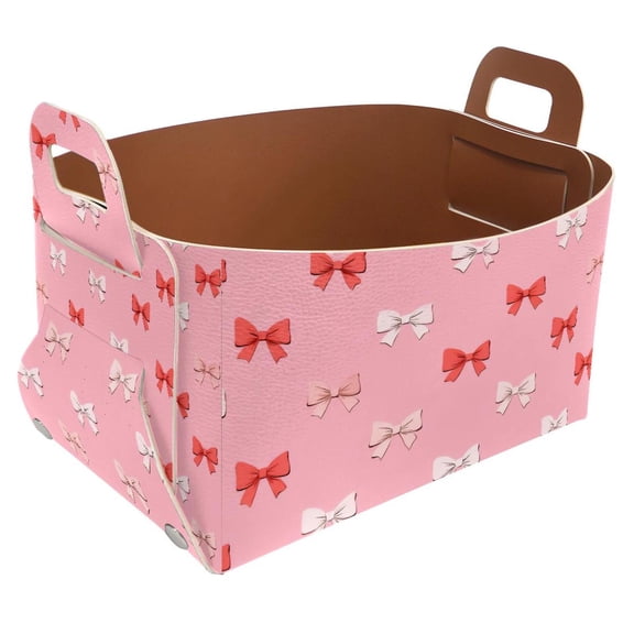 Bows Pink Background Storage Basket Collapsible Storage Bin, PU Foldable Basket Convenient Box Storage Organizer with Handles for Shelves Office Bedroom Closet Nursery Toys Laundry