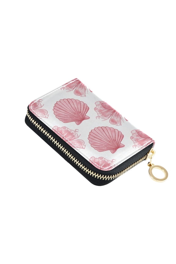 Bows Shells in Pink Color Women's Credit Card Holder PU Leather Zipper Wallet RFID Blocking