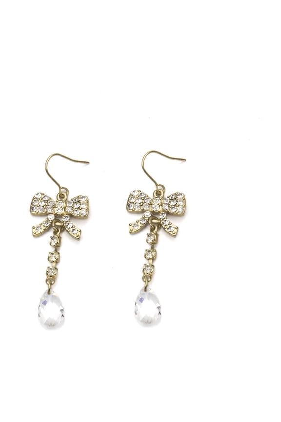Crystal Bow Drop Earrings with Austrian Crystal Dangle - Elegant Fashion Jewelry Earring Gold