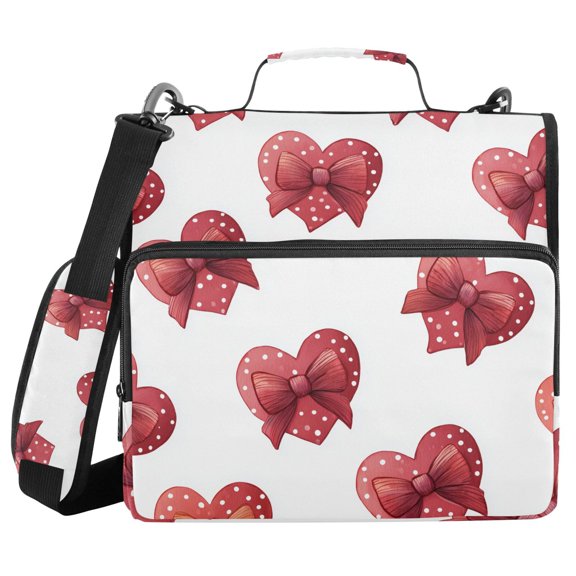 Bows on Hearts with Polka Dots Valentine Binder Bag with Shoulder Strap 3 Ring Zipper Binder File Folder Document Storage