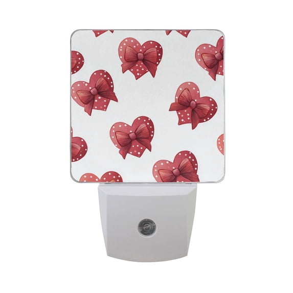 Bows on Hearts with Polka Dots Valentine LED Night Light Sensor Lamp Plug-in Adjustable Brightness 2 Pack