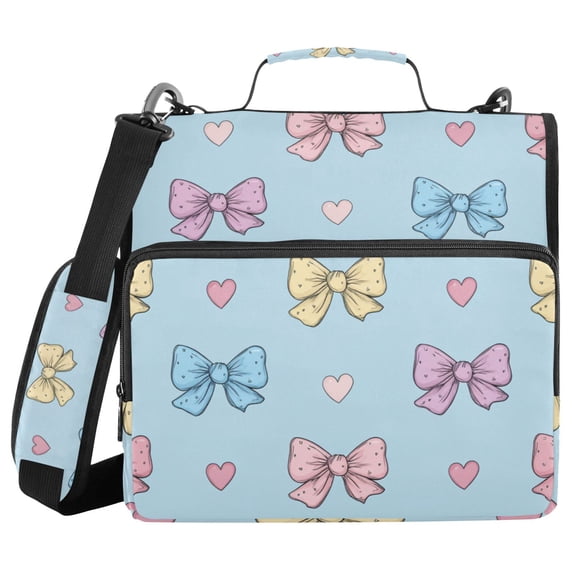 Bows with Hearts Cute Valentine Binder Bag with Shoulder Strap 3 Ring Zipper Binder File Folder Document Storage