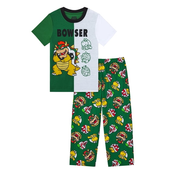 Bowser Boys Short Sleeve Sleep Top and Pants Pajama Set, 2-Piece, Sizes 4-12