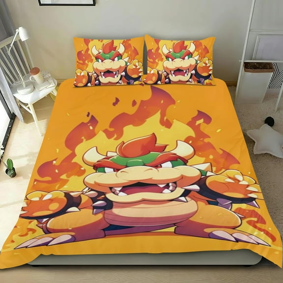 Bowser Themed Bed Sheet Set Three Piece Set 78x86 In ches Comfortable And Skin Friendly Unique Design Creating A Star Studded Night Home Decor Gifts For Family Friends fans