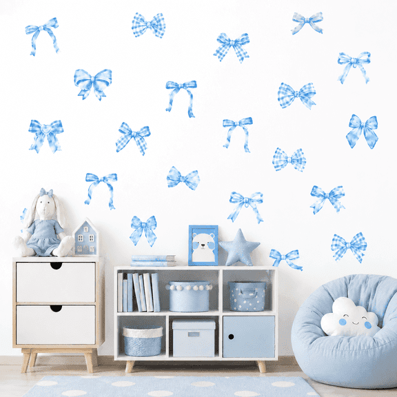 60PCS Blue Bow Wall Stickers, Watercolor Coquette Bowtie Decals, Light Blue Bow Knot Peel and Stick Vinyl Wall Decor for Girls Bedroom, Nursery, Baby Room, Kindergarten, Dorm