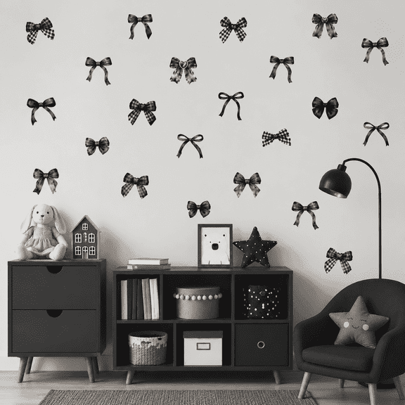 60PCS Black Bow Wall Stickers, Watercolor Coquette Bowtie Decals, Light Black Bow Knot Peel and Stick Vinyl Wall Decor for Bedroom, Nursery, Baby Room, Kindergarten, Dorm