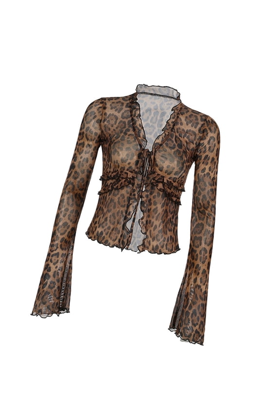 Bowtie Front Leopard Print Mesh Crop Tops Long Sleeve Sheer Mesh Blouse Shirts Tops Laces Up Ruffle Cardigan Tops Gifts