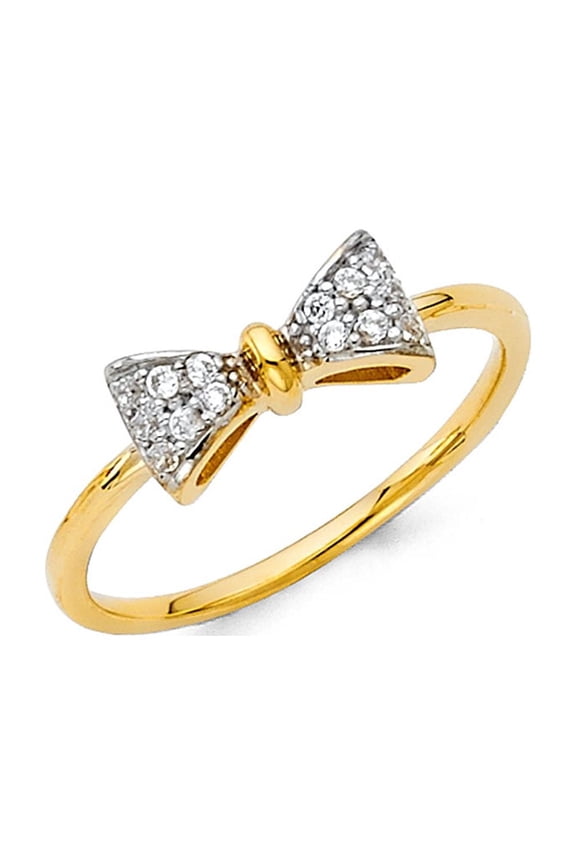 Bowtie Ring 14k Yellow Gold CZ Right Hand Band Cocktail Designer Style Diamond Cut Fancy Size 7