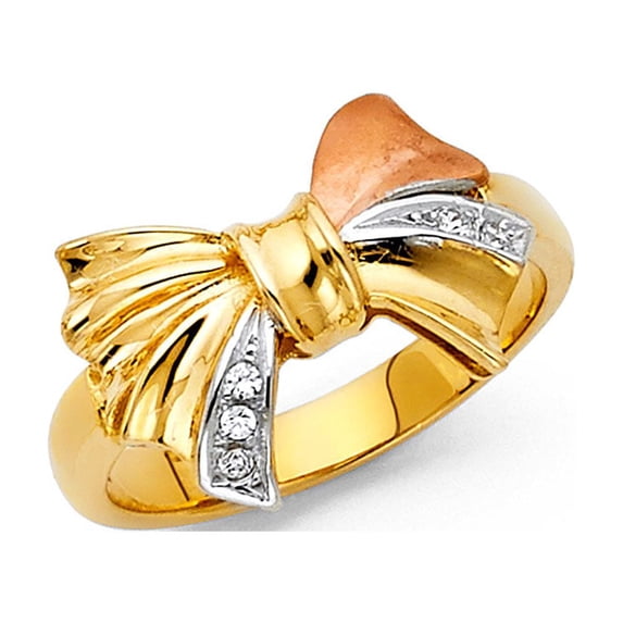 Bowtie Ring CZ Solid 14k Yellow White Rose Gold Ribbon Band Fashion Satin Polished Tri Color , Size 6