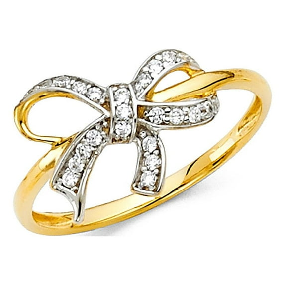 Bowtie Ring Solid 14k Yellow Gold Band CZ Designer Inspired Stylish Pave Set Polished Fancy, Size 7.5
