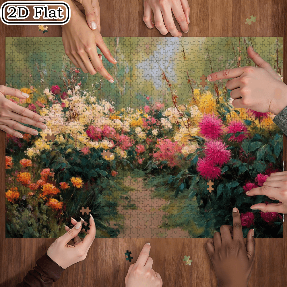 A Box of (1000pcs) Adult Puzzles, with a Design of 'Flower Path in Deep Spring', High Difficulty, Suitable for Adults, Family Entertainment. 29.4*19.6 in