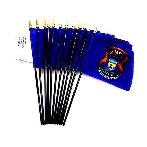 Box of 12 Michigan 4"x6" Miniature Desk & Table Flags; 12 American Made Small Mini Michigan State Flags in a Custom Made Cardboard Box Specifically Made for These Flags