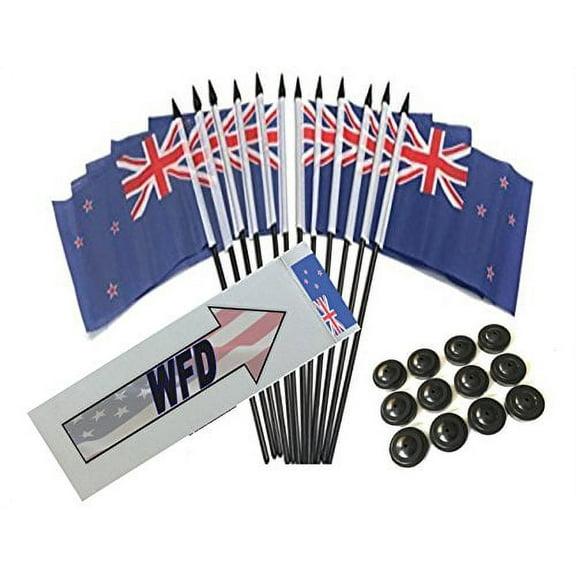 Box of 12 New Zealand 4"x6" Polyester Miniature Desk & Little Table Flags, 4x6 New Zealanders Small Mini Hand Waving Stick Flags with 12 Flag Bases (Stands)