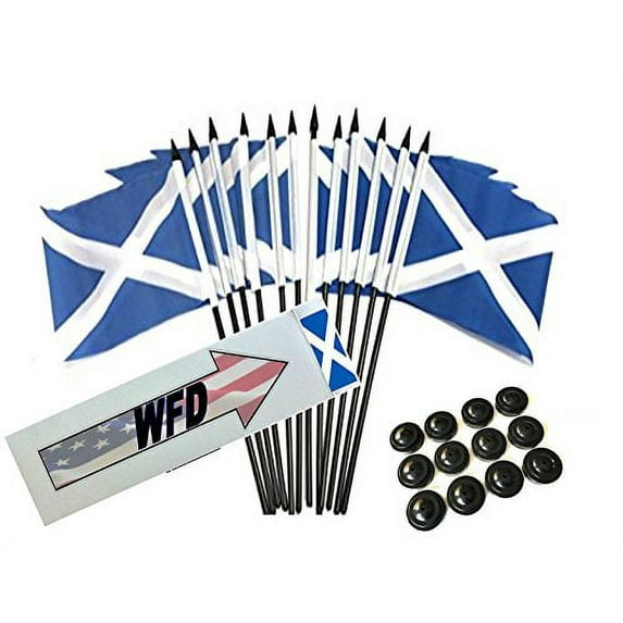 Box of 12 Scotland Cross 4"x6" Polyester Miniature Desk & Little Table Flags, 4x6 Scottish Cross Small Mini Hand Waving Stick Flags with 12 Flag Bases (Stands)