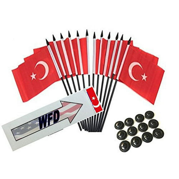 Box of 12 Turkey 4"x6" Polyester Miniature Office Desk & Little Table Flags, 4x6 Turkish Small Mini Hand Waving Stick Flags with 12 Flag Bases (Stands)