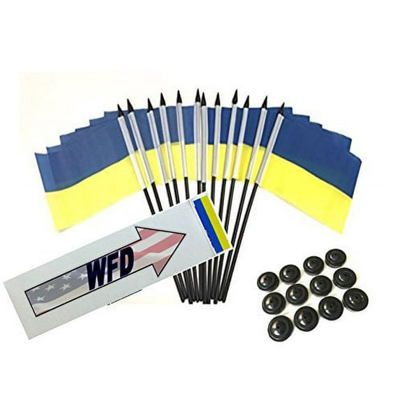 Box of 12 Ukraine 4"x6" Polyester Miniature Office Desk & Little Table Flags, 4x6 Ukrainian Small Mini Hand Waving Stick Flags with 12 Flag Bases (Stands)