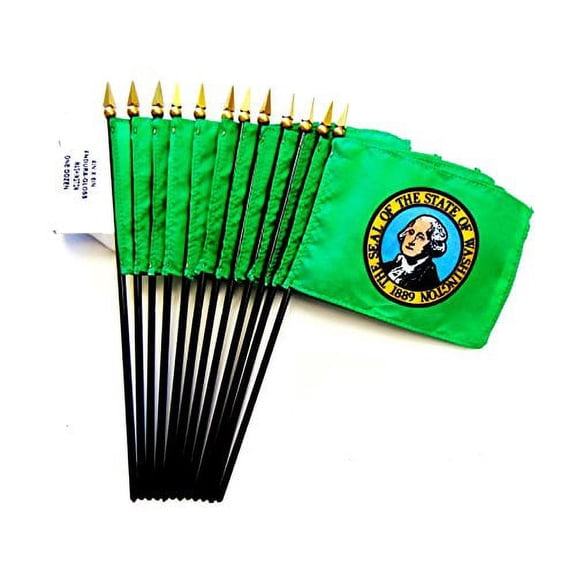 Box of 12 Washington 4"x6" Miniature Desk & Table Flags; 12 American Made Small Mini Washington State Flags in a Custom Made Cardboard Box Specifically Made for These Flags
