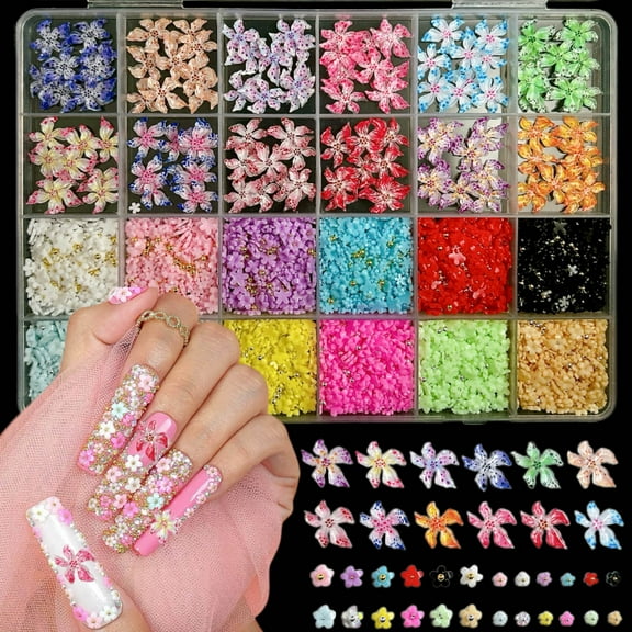 A Box of 3D Flower Nail Charms and Gems 24 Grid Charms for Nails Design Colorful Nail Art Charms Mixed Styles of Big and Small Flowers are Suitable for Spring and Summer
