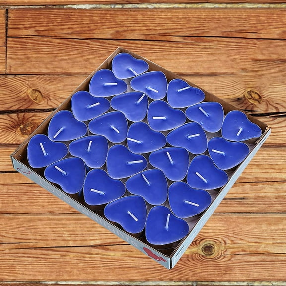 Box of 50 Heart Shaped Tealight Candles in Aluminum Cups, Romantic Paraffin Candles for Birthday Celebration, Unscented Tea Lights for Table Decor and Event(Blue)