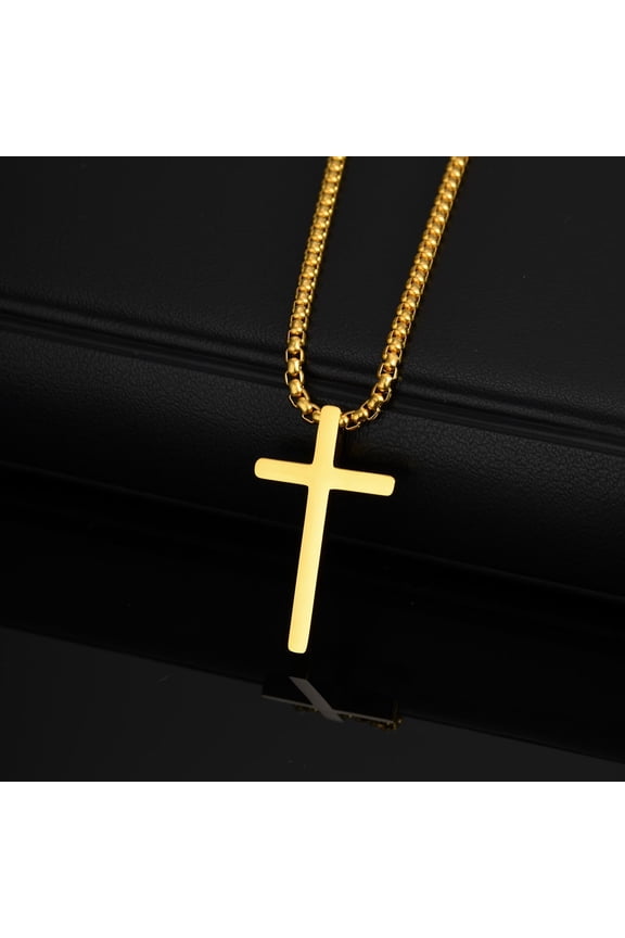 Box Chain Cross Pendant Necklaces for Men, Simple Plain 14K White Gold Thick Cross Collars