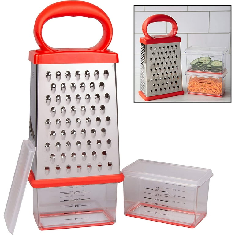 Box Cheese Grater w 2 Attachable Storage Containers- 4-Sided Stainless  Steel Slicer and Shredder- 2 Hoppers for Cheeses, Vegetables, Chocolate -  Soft Grip Handle and Non-Slip Base 