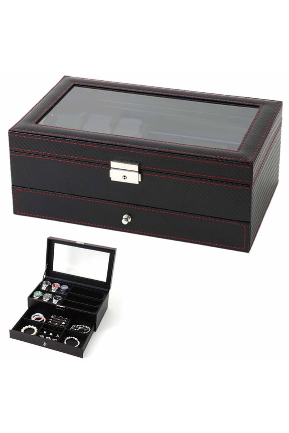 A Box Clearance! 12 Slot Watch Box 2 Pu Leather Watch Case with Glass Lid Watch Holder Organizer with Soft Pillow and Velvet Watch and Jewelry Storage Box