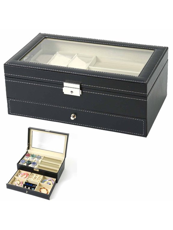 A Box Clearance! 12 Slot Watch Box 2 Pu Leather Watch Case with Glass Lid Watch Holder Organizer with Soft Pillow and Velvet Watch and Jewelry Storage Box