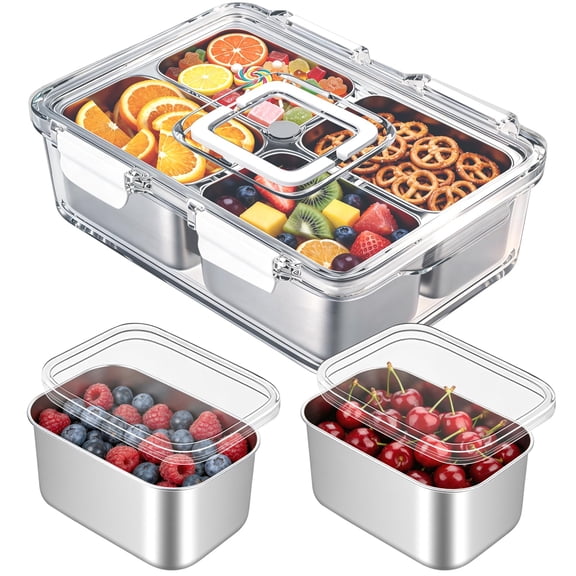 Box Container, Stainless Steel Divided Serving Snack Tray with Lid and Handle, 4 Compartment Portable Snack Platters for Road Trip, Beach, Picnic, Ball Games, Pool and Parties