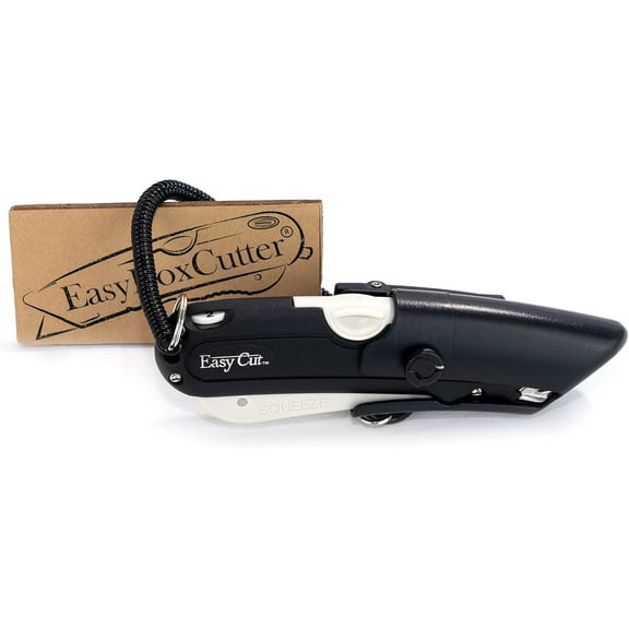Box Cutter, 3 blade depth setting, Squeeze Trigger and Edge Guides, Holster, Lanyard, Extra Blade - 1000 white