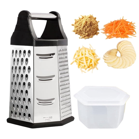 Box Grater, Cheese Grater Shredder Stainless Steel with 6 Sides for Parmesan Cheese, Vegetables, Potatoes, Carrot, Ginger, Mandoline Vegetable Slicer with Detachable Container, Silver