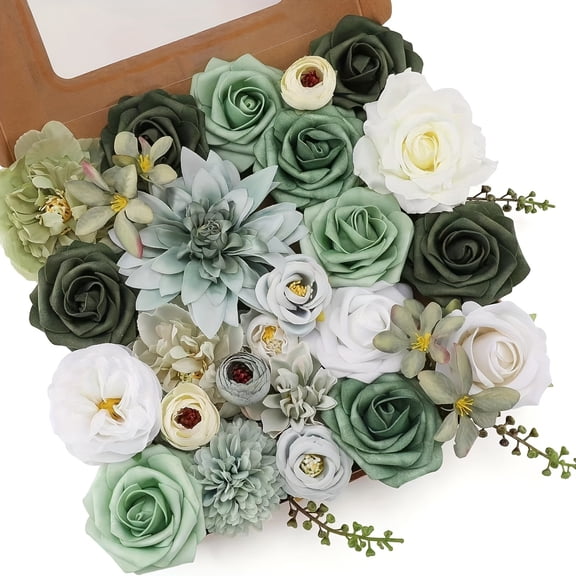 A Box of Green Artificial Rose Arrangements, Green Faux Roses with Stems, Suitable for Wedding Bouquets, Centerpiece Decorations, Floral Arrangements, Gifts for Brides, Party Decorations, Gardens, We