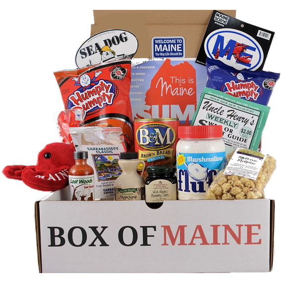 Box of Maine Gifts - 10-item Gift Pack - Whoopie Pie, Fluff, Moxie Soda, Maine Maple Syrup, Wild Blueberry Honey, Humpty Dumpty BBQ Chips, Needhams Chocolate and Maine Blueberries