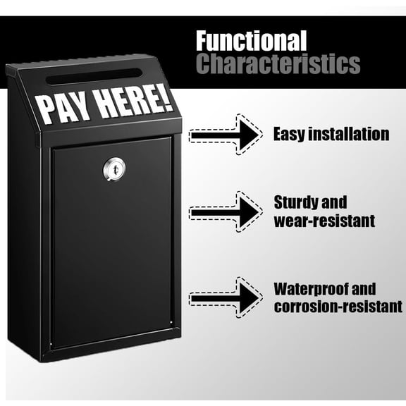 Box Money Collection Metal Donation Box with Lock Wall Mount Pre Drilled Mailbox Delivery Ballot for Home Office Outdoor Self Serve Stand (Black)$$Office