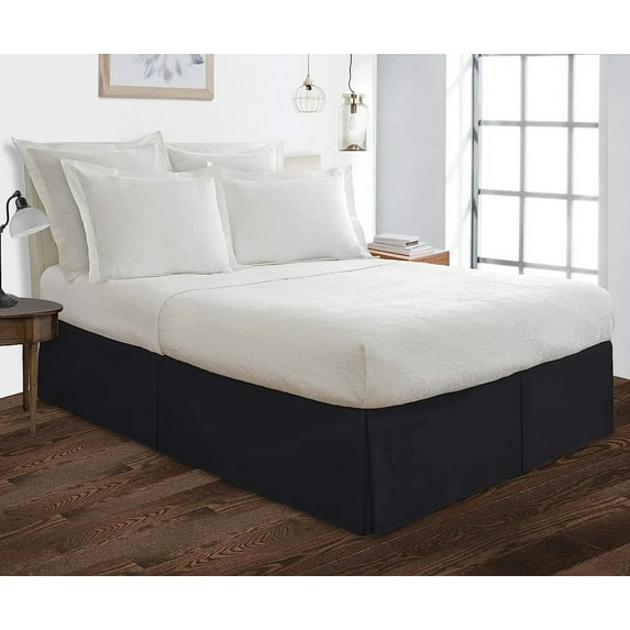 Box Pleated Full Bed Skirt - 10" Inch Tailored Drop - Easy Fit for Full Size (54" x 75") Beds - 100% Egyptian Cotton Soft Sheen & 400TC Bed Frame Cover with Corner Pleats - Black Solid.