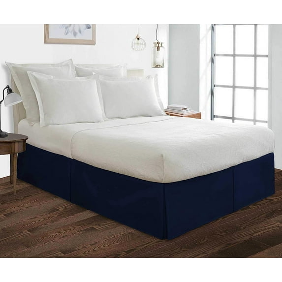Box Pleated Queen-XL Bed Skirt - 12" Inch Tailored Drop - Easy Fit for Queen-XL Size (60" x 84") Beds - 100% Egyptian Cotton Soft Sheen & 400TC Bed Frame Cover with Corner Pleats - Navy Blue Solid.