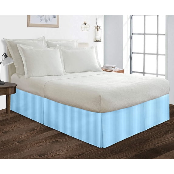 Box Pleated Split Corner Bed Skirt 15" Inch Drop,800 Thread Count 100% Egyptian Cotton Wrinkle and Fade Resistant Bed Skirt - Queen Size (60" x 80") Light Blue Stripe