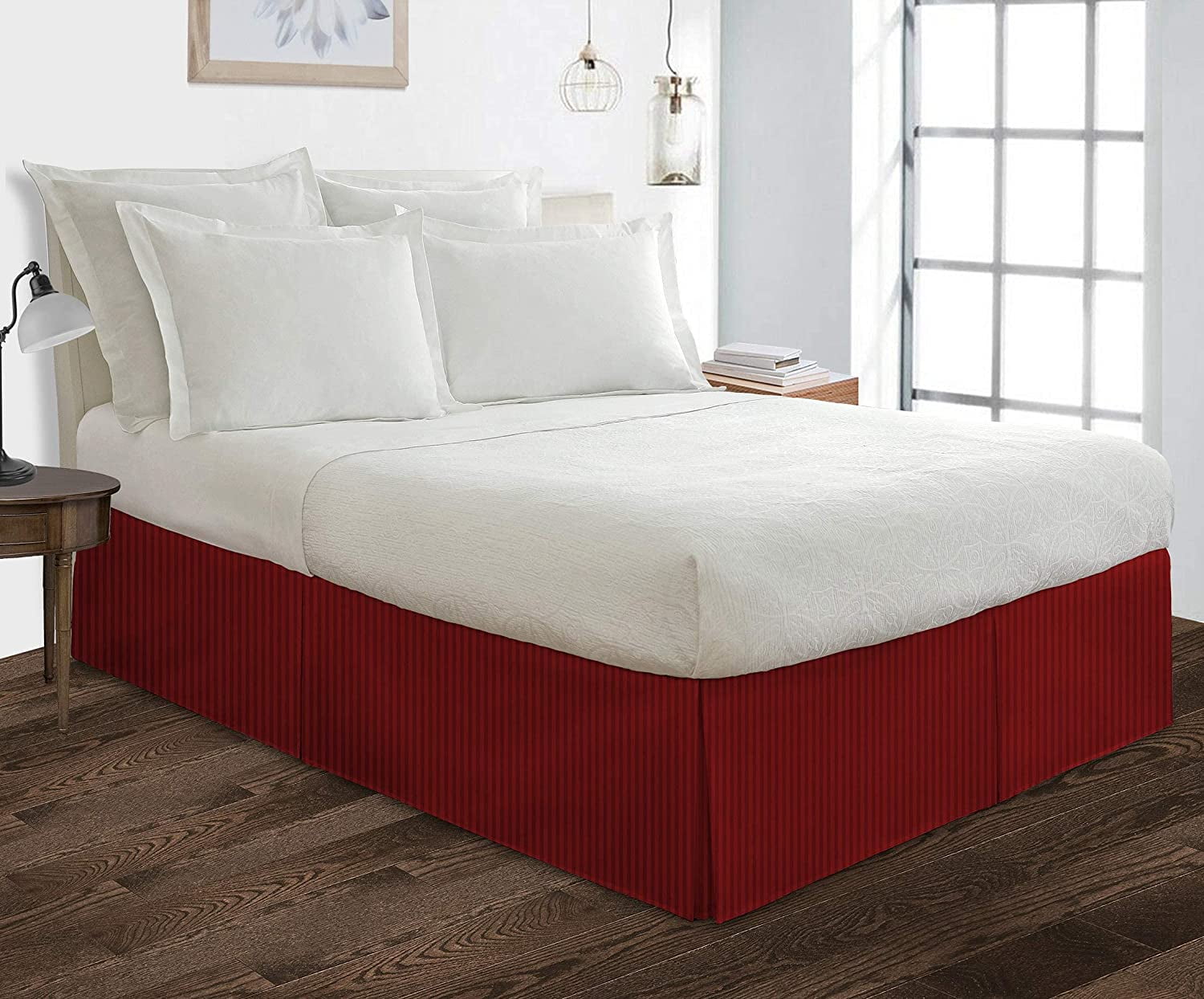 Box Pleated Split Corner Bed Skirt 18" Inch Drop,800 Thread Count 100% Egyptian Cotton Wrinkle and Fade Resistant Bed Skirt - Queen Size (60" x 80") Burgundy Stripe