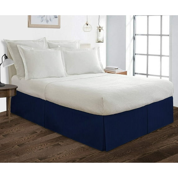 Box Pleated Split Corner Bed Skirt 18" Inch Drop,800 Thread Count 100% Egyptian Cotton Wrinkle and Fade Resistant Bed Skirt - Queen Size (60" x 80") Navy Blue Stripe