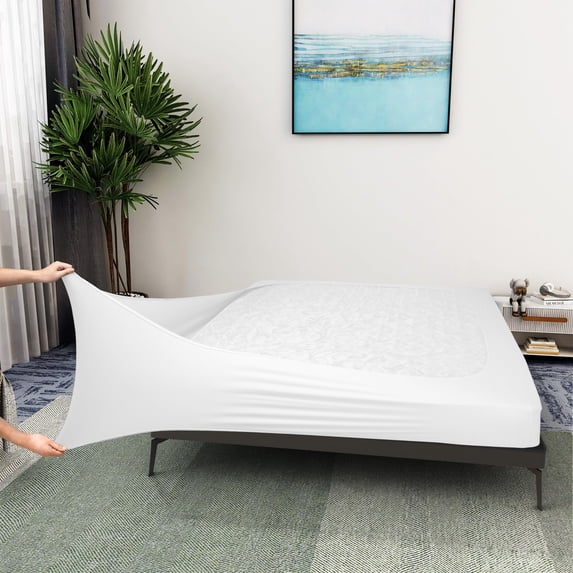 Box Spring Cover Queen Size, Stretch Knit Bed Skirt Wrap Around 4 Sides, Hide Box Spring for Home Hotel, Fits Standard Low Profile Queen Queen XL Bed, Easy Fit Machine Washable, White