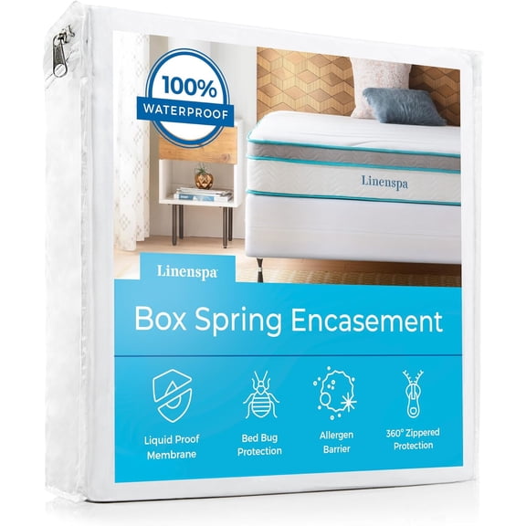 Box Spring Encasement  Queen Size Box Spring Cover  Zippered and Waterproof Protector, Complete Protection  White