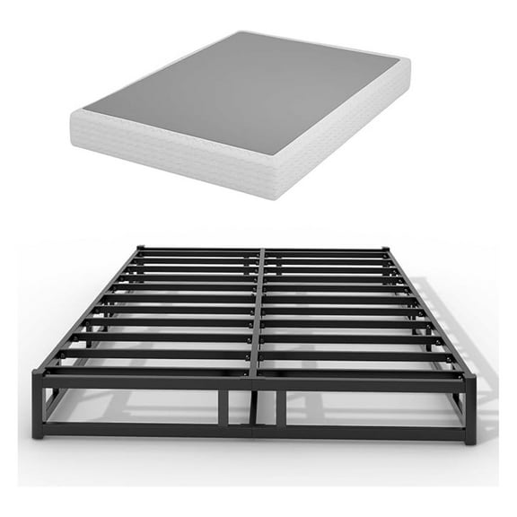 Box Spring Low Profile Bed Base Matel Mattress Foundation with Cotton Washable Cover Quiet Easy Assembly Sturdy Support for All Bed Types (Black, Full)